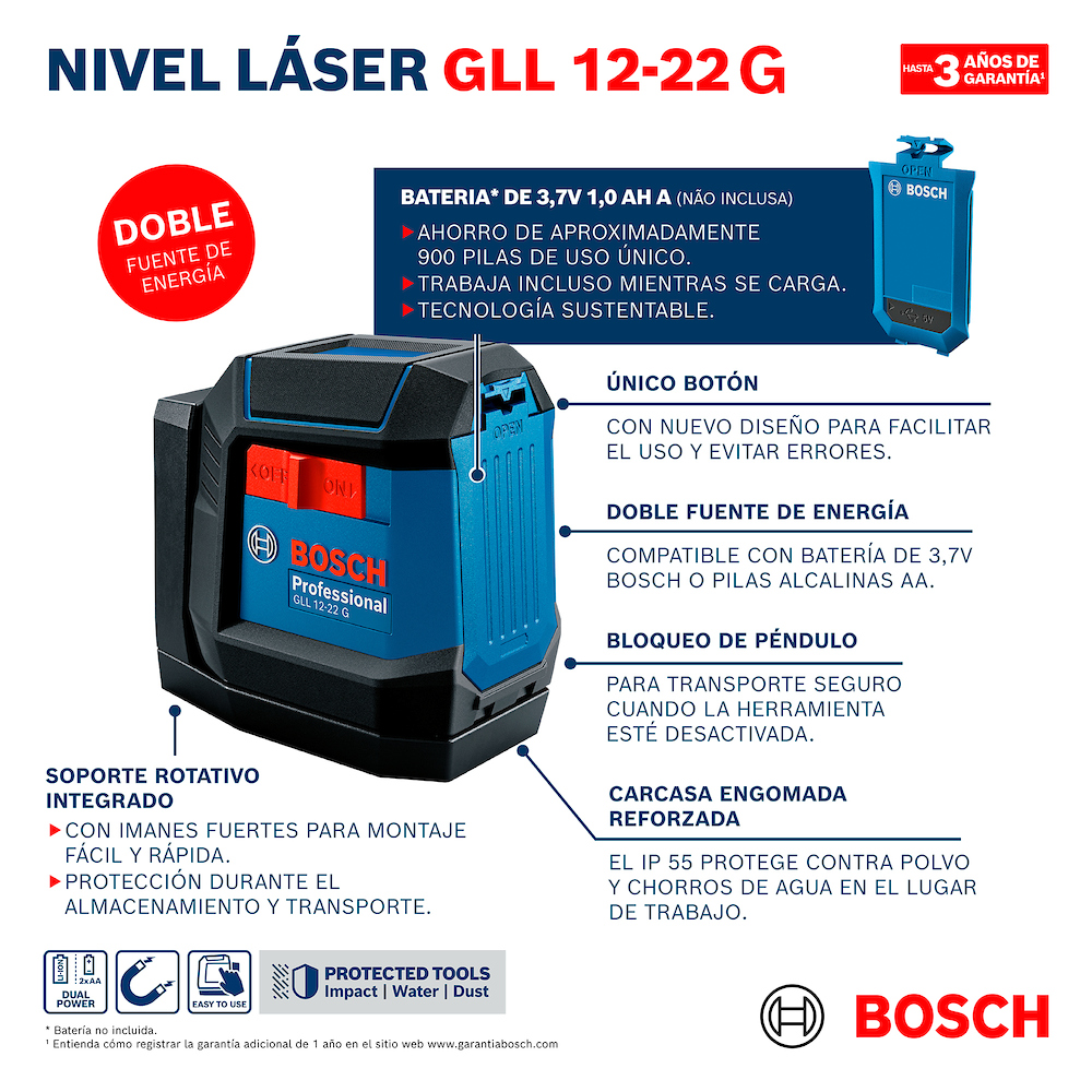 Nivel láser verde Bosch GLL 12-22 G, 12m+ soporte giratorio - Imagen 3