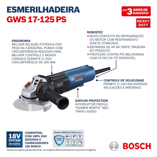Amoladora angular 5" Bosch GWS 17-125 PS 1700W 220V - Imagen 4