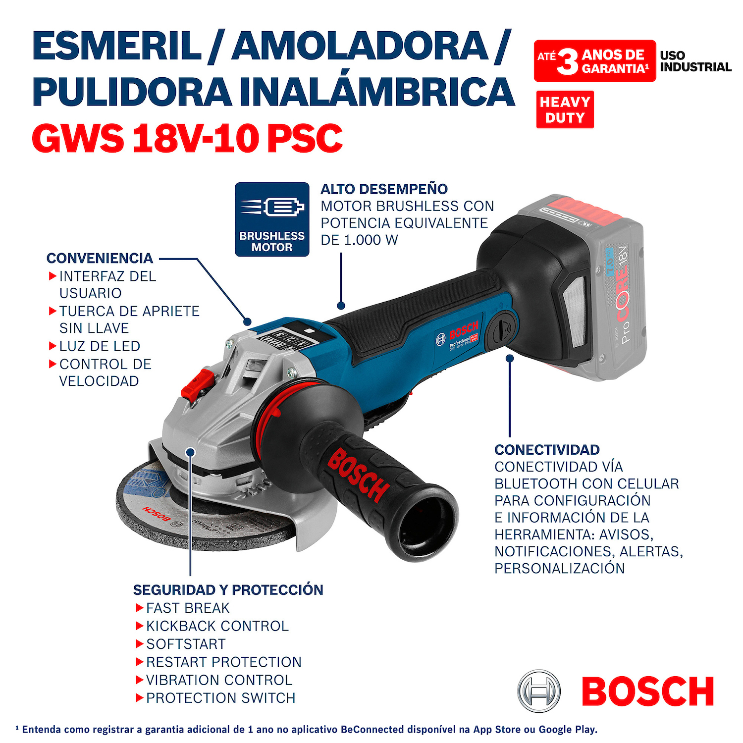 Amoladora inalámbrica Bosch GWS 18V-10 PSC 18V SB c/maletín - Imagen 3