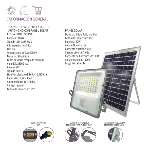 PROYECTOR LED - AUTONOMO SOLAR 100W LUZ DIA - DE EXTERIOR PROFESIONAL