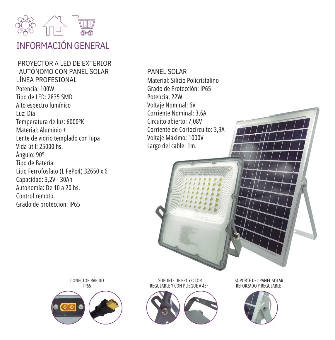 PROYECTOR LED - AUTONOMO SOLAR 100W LUZ DIA - DE EXTERIOR PROFESIONAL