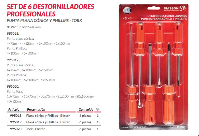 JUEGO DE DESTORNILLADORES PROFESIONALES - EN SET - 3PC/3PH - 6 PZS -995019 - Biassoni - Imagen 2